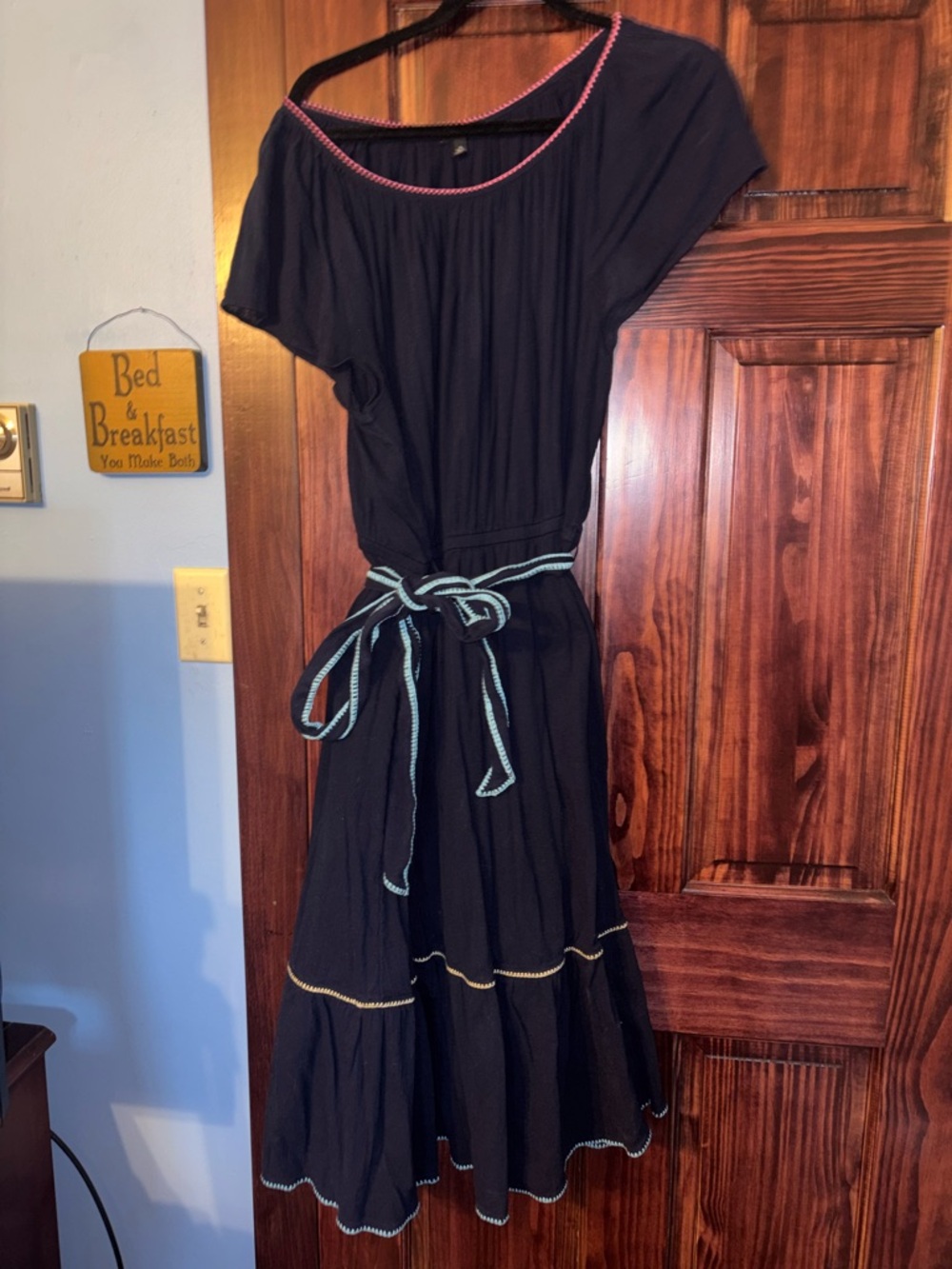 Talbots Navy Midi Dress with Pink Neckline and Aqua Belt